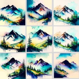 Watercolor Mountain Landscape Clipart, 21+ png, digital graphics, Mountain range, for commercial use instant download commercial use