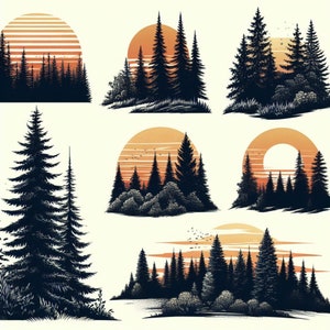 Lever et coucher de soleil forêt de pins Clip Art - Téléchargement instantané PNG pour un usage commercial