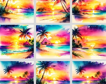 Watercolor Tropical Summer Beach Sunset Landscape Clipart Bundle of 20+ Bundle 3, Digital Download PNG Graphics - Commercial Use