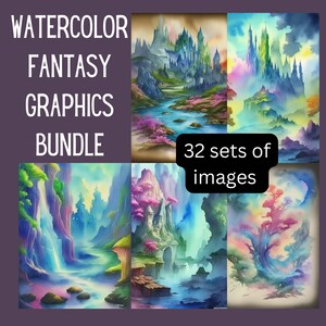 Watercolor Fantasy Graphics Bundle, Set of 32 graphics in PNG format for commercial use