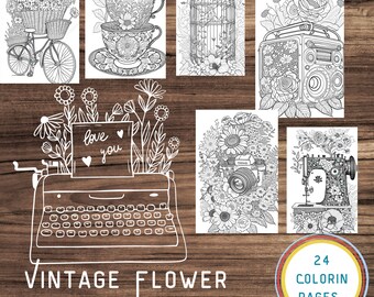 24 Vintage Blumen Objekte Malbuch - Erwachsene Kinder Ausmalseiten, Instant Download, Graustufen Ausmalbilder, Druckbare PDF Datei