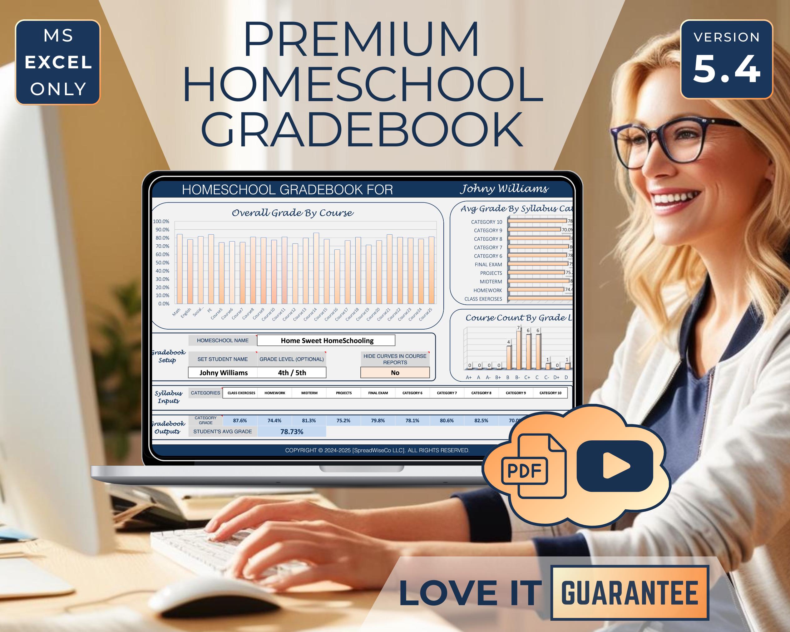 Premium Homeschool Gradebook Spreadsheet Excel, Student Grade Tracker, Homeschool Planner, Assignment Tracker & Calendar, GPA and Transcript