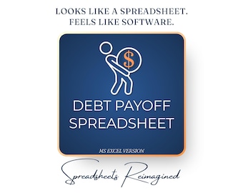 Könnte beinhalten: Blau-orangefarbene Grafik, die eine Tabelle zur Schuldenrückzahlung bewirbt. Das Bild enthält den Text "LOOKS LIKE A SPREADSHEET. FEELS LIKE SOFTWARE." und "DEBT PAYOFF SPREADSHEET." Eine Strichmännchenfigur trägt ein Dollarzeichen.