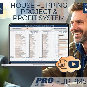 Può includere: Uno schermo di un laptop mostra una dashboard di flipping immobiliare con grafici. Il testo "HOUSE FLIPPING PROJECT & PROFIT SYSTEM" è in alto. L'immagine include il testo "MS EXCEL ONLY" e "VERSION 5.5". È visibile anche un'icona PDF e video.