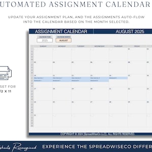 Op de afbeelding: Een digitale opdrachtenkalender voor augustus 2025, vooraf ingesteld voor 21,59 x 27,94 cm. De kalender heeft een blauwe koptekst met de tekst "Assignment Calendar" en de maand en het jaar. De kalender is ontworpen om opdrachtenplannen bij te werken.