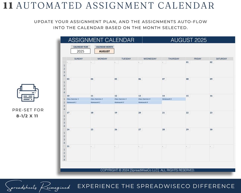 Op de afbeelding: Een digitale opdrachtenkalender voor augustus 2025, vooraf ingesteld voor 21,59 x 27,94 cm. De kalender heeft een blauwe koptekst met de tekst "Assignment Calendar" en de maand en het jaar. De kalender is ontworpen om opdrachtenplannen bij te werken.