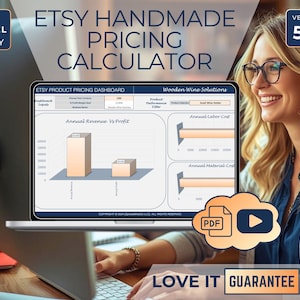May include: A laptop screen displays an Etsy Handmade Pricing Calculator dashboard. The screen shows charts and graphs for annual revenue vs. profit, labor costs, and material costs. The image includes the text "MS Excel Only" and "Version 5.3". A woman is smiling while working on the laptop.