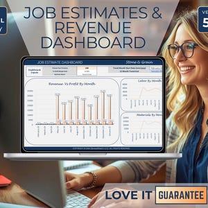 May include: A laptop screen shows a job estimates and revenue dashboard in MS Excel. The display features charts and graphs for revenue, labour, and materials. Text includes "Job Estimates & Revenue Dashboard" and "Version 5.3". The image also includes the text "Love It Guarantee".