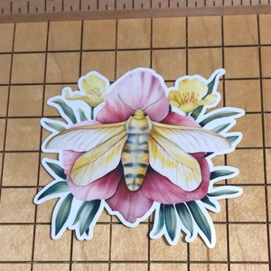 moth sticker, pink flower sticker, butterfly sticker, water bottle decal, laptop decal, tumbler, waterproof decal, phone case decal, yellow