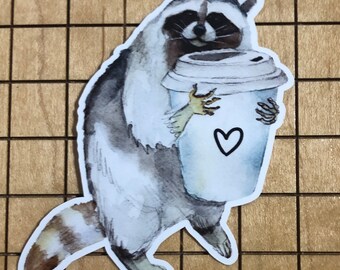 Raccoon sticker, raccoon with coffee,  raccoon decal, funny decal, laptop decal, phone case, tumbler decal, coffee sticker, waterproof vinyl