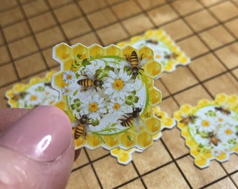 5 MINI bee stickers, honey bee sticker, small sticker, phone case decal, daisy sticker, water bottle decal, laptop decal, honeycomb sticker