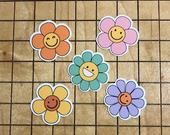 5 MINI flower sticker pack, mini daisy smiley face stickers, hippie stickers, 1x1 inch sticker, water bottle sticker, small sticker, vinyl