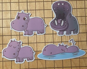 4 Hippo Stickers, sticker pack, cute hippo, sticker bomb, water bottle sticker, tumbler decal, laptop decal, phone case decal, kindle decal