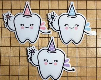 Tooth Fairy sticker, pink, blue or purple tooth sticker, tooth decal, dental hygiene, tiny sticker, water bottle sticker, cute tooth sticker