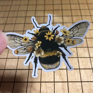 bee sticker, bumble bee, bee with flowers, phone case sticker, water bottle sticker, laptop sticker, tumbler sticker, insect sticker