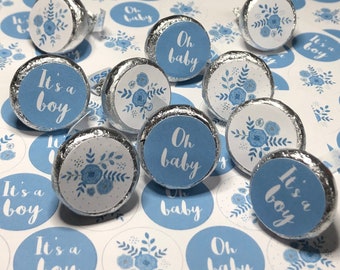 baby shower stickers, stickers for chocolate kisses, kiss sticker, It's a boy, blue stickers, oh baby, baby shower favor, round candy label