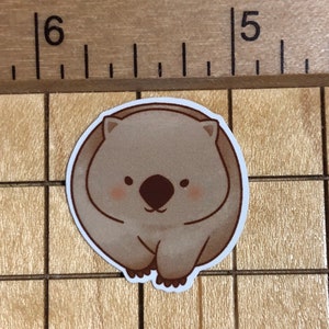 Puede incluir: Una pegatina de wombat de dibujos animados marr&oacute;n y blanco con una expresi&oacute;n linda. La pegatina es redonda y tiene un contorno blanco.