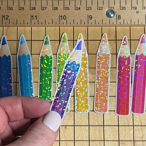 9 pencil stickers, holographic glitter sticker, Back to School Stickers, school sticker pack, school decal, rainbow, artist gift, sketchbook