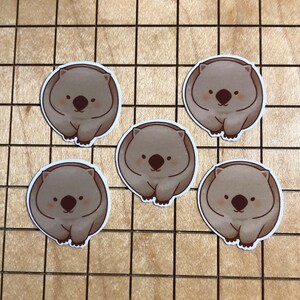 Puede incluir: Cinco pegatinas de wombat de dibujos animados marrones y blancas sobre un fondo de madera. Los wombats est&aacute;n todos mirando hacia adelante con la boca cerrada y los ojos cerrados. Todos llevan un abrigo de piel marr&oacute;n y blanco.