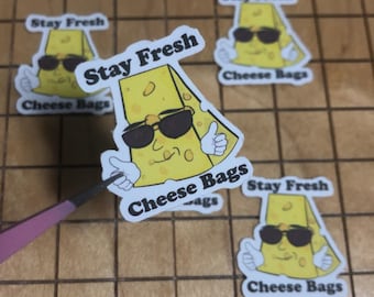 5 MINI Stay Fresh Cheese Bags stickers, tiny sticker, laptop decal, phone case decal, water bottle decal, kindle sticker, funny, vinyl, meme