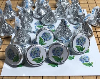hydrangea sticker for chocolate kisses, kiss sticker, something blue, baby shower favor, bridal shower, wedding favor, blue and green flower