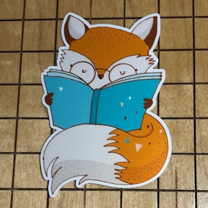 Fox sticker, fox reading a book sticker, fox decal, book decal, waterproof vinyl, reading sticker, laptop decal, phone case decal, tumbler