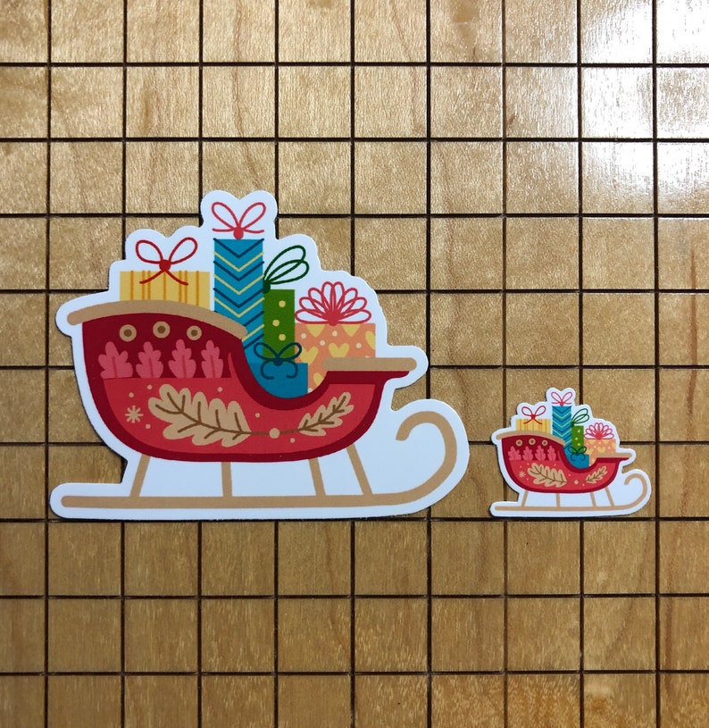 5 MINI Sleigh Stickers, Christmas Sticker, Santa Sticker, Sled Sticker ...