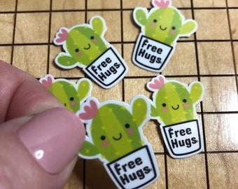 5 MINI cactus stickers, free hug sticker, kawaii sticker, phone case sticker, laptop decal, water bottle decal, funny sticker, kindle decal