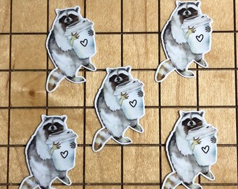 5 MINI raccoon stickers, raccoon decal, raccoon and coffee, waterproof sticker, tumbler decal, tiny sticker, mac book decal, coffee sticker