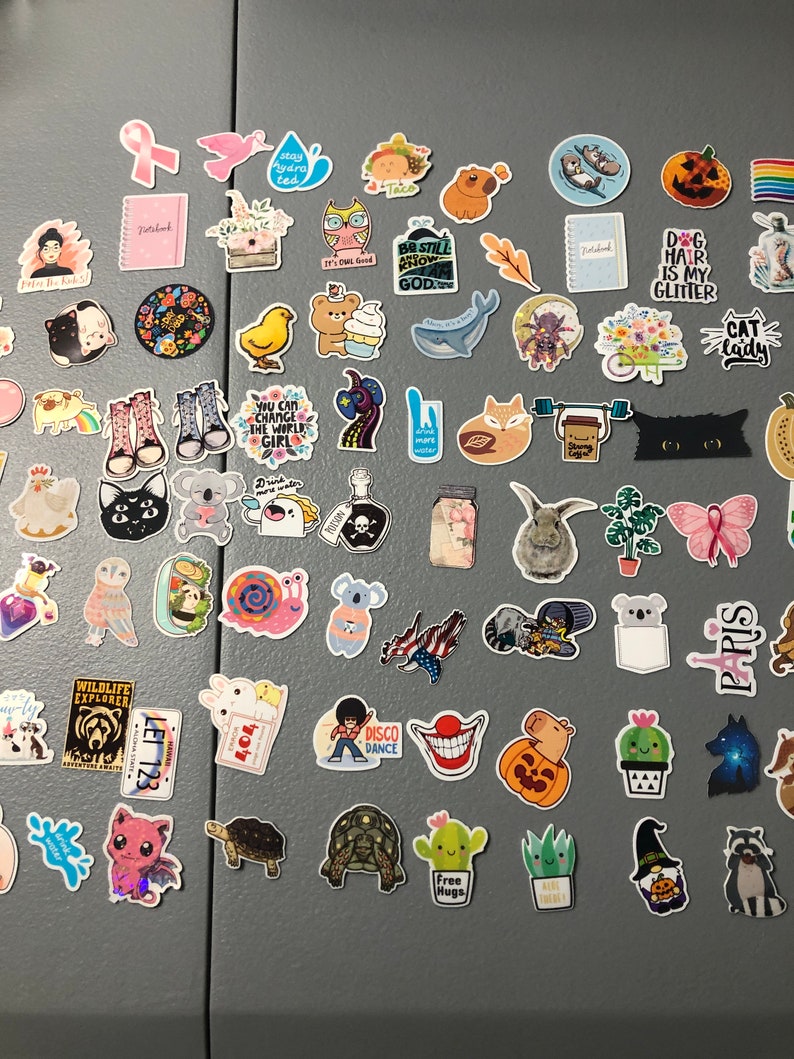 May include: A collection of colorful stickers featuring various designs, including animals, plants, text, and abstract patterns. The stickers are arranged on a gray surface.