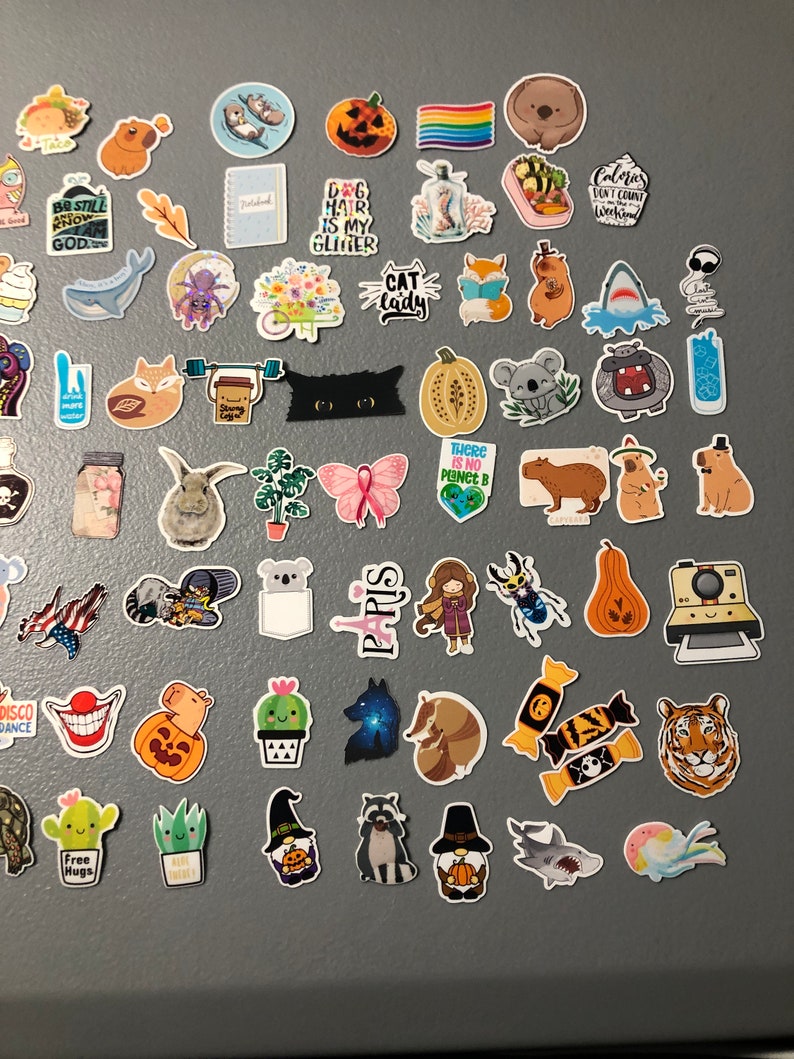 May include: A collection of colorful stickers featuring various designs, including animals, plants, food, and text. The stickers are arranged on a gray surface.