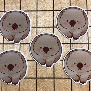 Puede incluir: Cinco pegatinas de wombat de dibujos animados marrones y blancas sobre una superficie de madera marr&oacute;n claro. Cada pegatina presenta un wombat con una cara sonriente y orejas peque&ntilde;as y redondas.