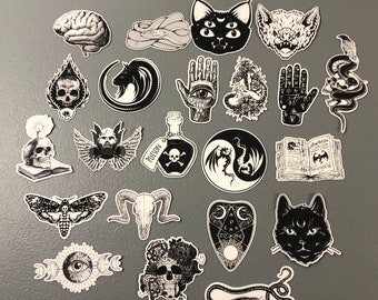 20 goth stickers, goth sticker pack, black and white Stickers, water bottle sticker, phone case sticker, laptop decal, black cat, poison