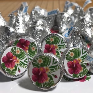 tropical sticker for chocolate kisses, kiss sticker, bridal shower, tropical summer Hawaii theme, wedding favor, hibiscus, baby shower, luau