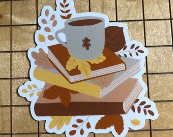 tea cup sticker, book, fall colors, Fall sticker, Autumn sticker, fall decor, phone case decal, tumbler sticker, kindle decal