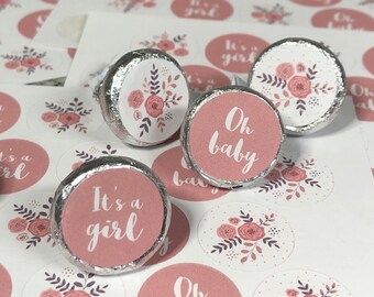 baby shower stickers, stickers for chocolate kisses, kiss sticker, It's a girl, pink stickers, oh baby, baby shower favor, round candy label