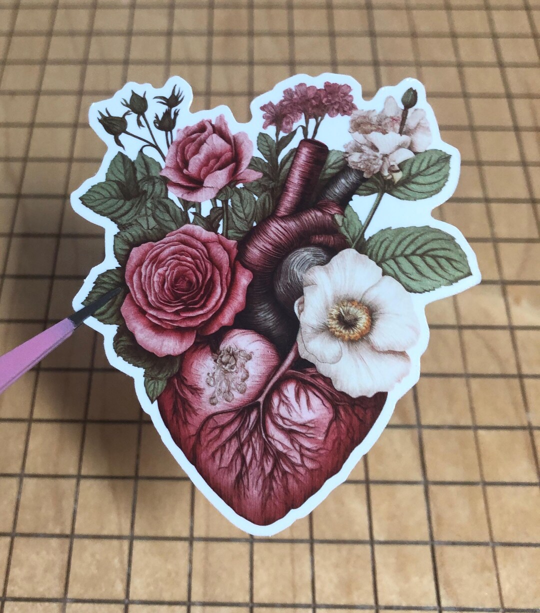 Heart Sticker, Anatomical Heart Sticker, Heart With Flowers Sticker ...