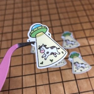 5 MINI stickers enlèvement extraterrestre, sticker vache, sticker ovni, sticker imperméable, sticker bouteille d'eau, petit sticker, petit sticker espace amusant