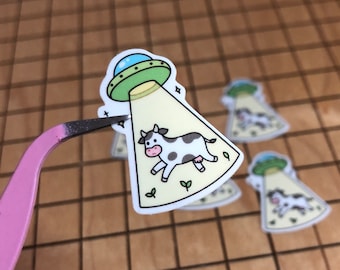 5 MINI alien abduction stickers, cow decal, ufo sticker, vinyl sticker, water bottle decal, tiny sticker, small, funny, friend gift