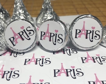 Paris sticker for chocolate kisses, kiss sticker, Eiffel Tower, France, pink party favor, bridal shower, birthday party, travel, candy label