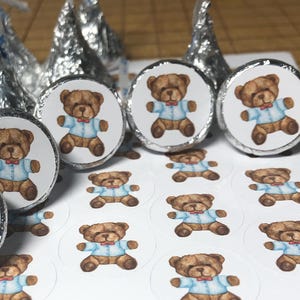 Teddy bear stickers, baby shower stickers, stickers for chocolate kisses, kiss label, blue, baby shower favor, we can bearly wait, cute bear
