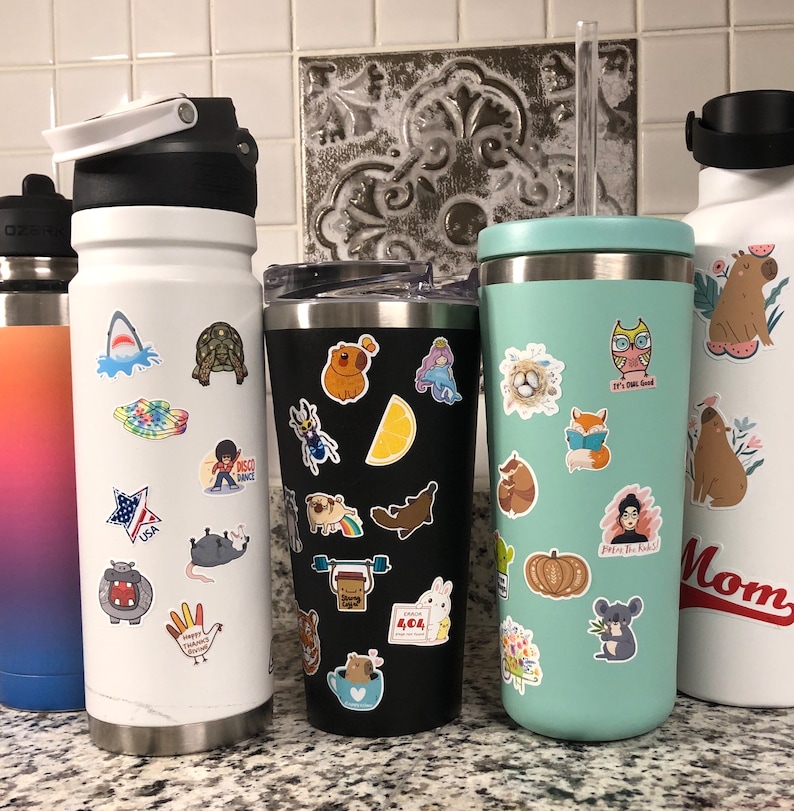 May include: Three stainless steel water bottles with various colorful stickers. The bottles are black, white, and light blue. The stickers feature animals, food, and other designs.