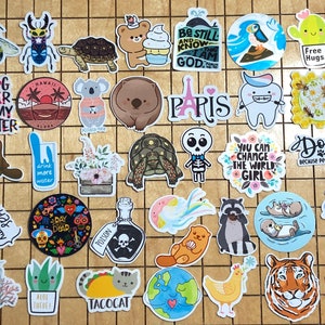 May include: A collection of colorful stickers featuring various designs, including animals, plants, and text. Some of the stickers feature phrases like "Ok Boomer", "Dog Hair is My Glitter", "Paris", "You Can Change the World Girl", and "Throw Me Mister".