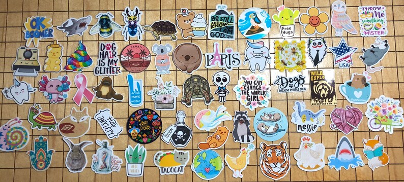 May include: A collection of colorful stickers featuring various designs, including animals, plants, and text. Some of the stickers feature phrases like "Ok Boomer", "Dog Hair is My Glitter", "Paris", "You Can Change the World Girl", and "Throw Me Mister".