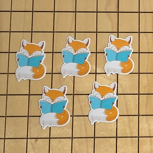 5 MINI fox stickers, fox reading a book, book decal, mini sticker, planner sticker, water bottle decal, librarian gift, reading sticker