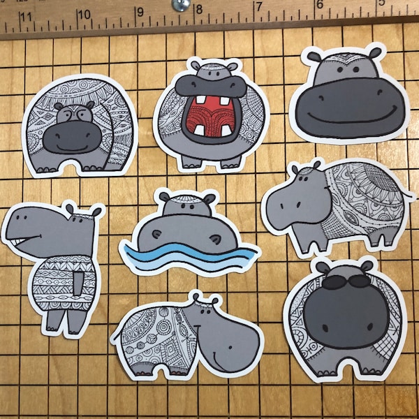 8 Hippo Stickers, hippo decal, hippo label, hippo sticker pack, sticker collection, water bottle decal, tumbler, laptop, phone case decal