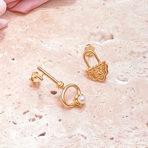 Locke Earrings: 18K Gold Vermeil Minimalist Key & Lock Pearl Studs