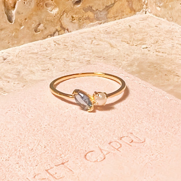 Hélène Ring: 18K Gold Vermeil Dainty Aquamarine Zircon and Pearl Ring