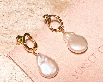 Gabriel Earrings: 18K Gold Vermeil Minimalist Irregular Baroque Pearl Drop Earrings