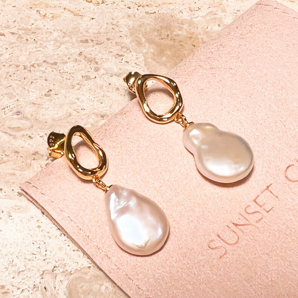 Gabriel Earrings: 18K Gold Vermeil Minimalist Irregular Baroque Pearl Drop Earrings